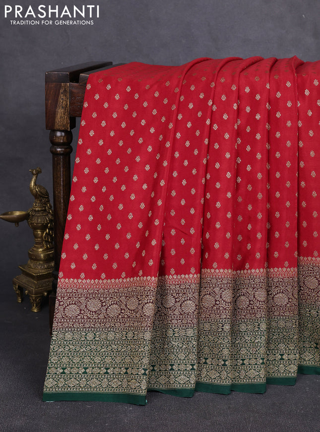 Banarasi crepe saree red and bottle green & deep maroon with allover thread & zari woven buttas and long woven border