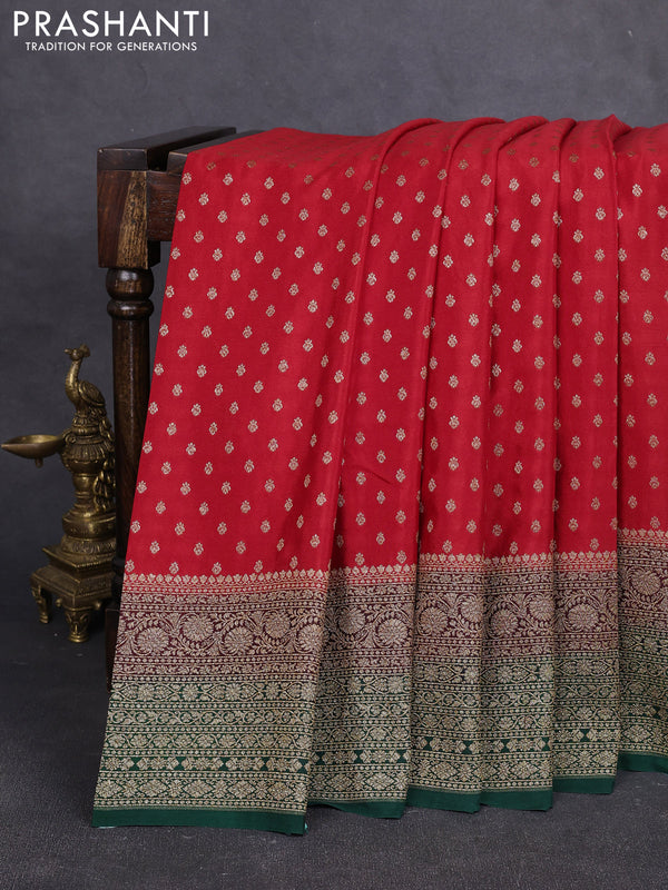 Banarasi crepe saree red and bottle green & deep maroon with allover thread & zari woven buttas and long woven border