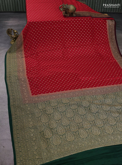 Banarasi crepe saree red and bottle green & deep maroon with allover thread & zari woven buttas and long woven border