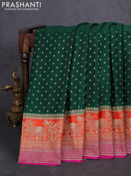 Banarasi crepe saree green and orange & pink with allover thread & zari woven buttas and long woven border