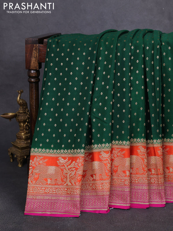 Banarasi crepe saree green and orange & pink with allover thread & zari woven buttas and long woven border