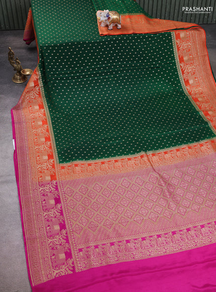 Banarasi crepe saree green and orange & pink with allover thread & zari woven buttas and long woven border