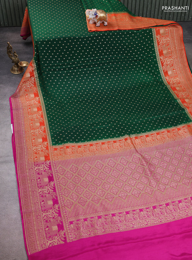 Banarasi crepe saree green and orange & pink with allover thread & zari woven buttas and long woven border