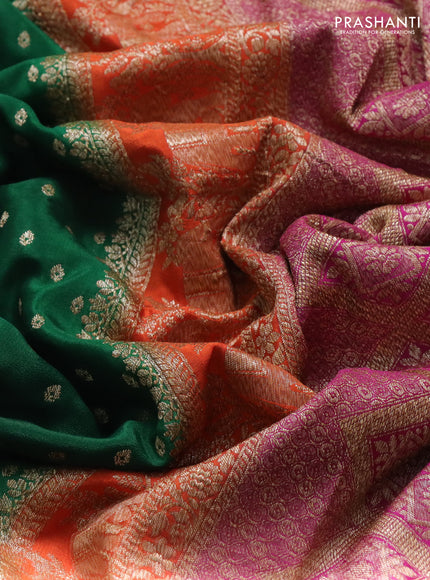Banarasi crepe saree green and orange & pink with allover thread & zari woven buttas and long woven border