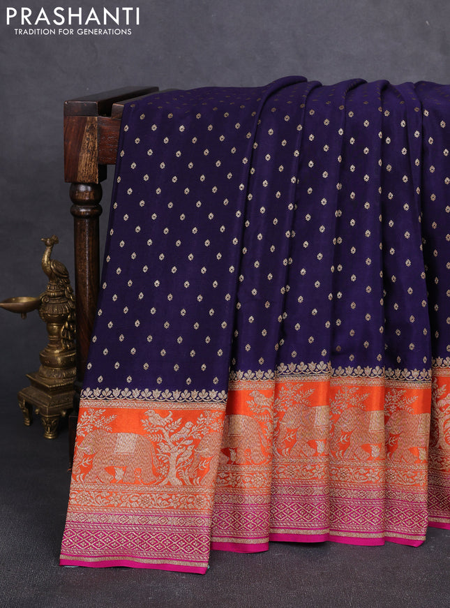 Banarasi crepe saree navy blue and orange & pink with allover thread & zari woven buttas and long woven border