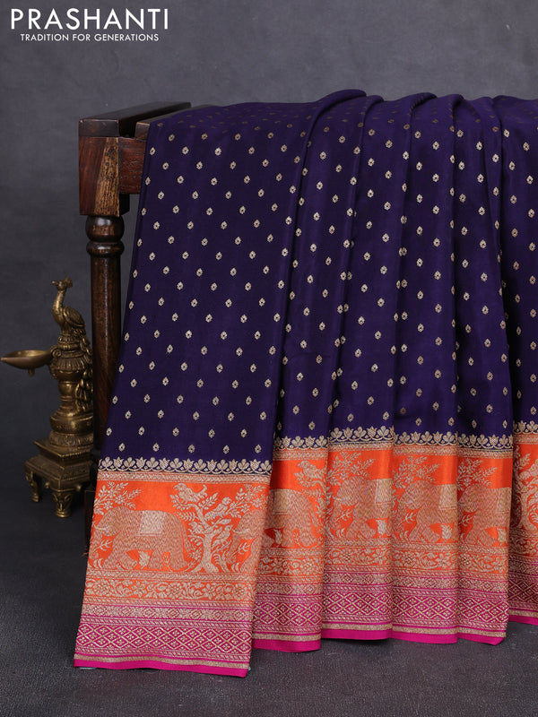 Banarasi crepe saree navy blue and orange & pink with allover thread & zari woven buttas and long woven border
