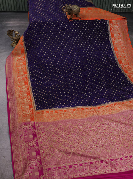 Banarasi crepe saree navy blue and orange & pink with allover thread & zari woven buttas and long woven border