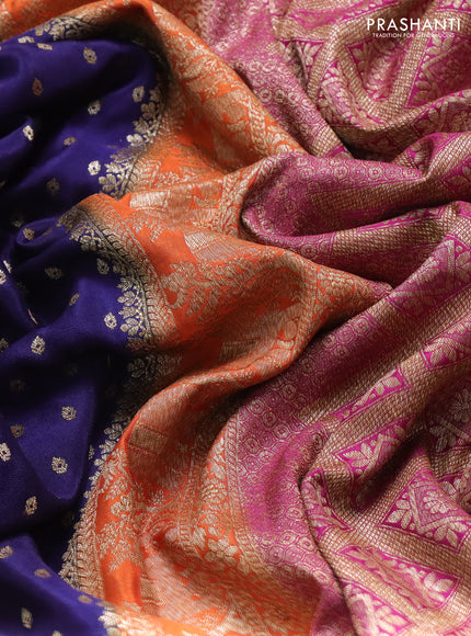 Banarasi crepe saree navy blue and orange & pink with allover thread & zari woven buttas and long woven border
