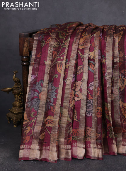 Organza tissue tussar silk saree wine shade with allover zari stripe pattern & kalamkari prints and zari woven border