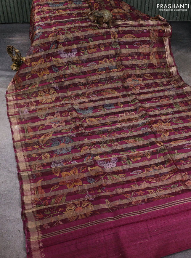 Organza tissue tussar silk saree wine shade with allover zari stripe pattern & kalamkari prints and zari woven border