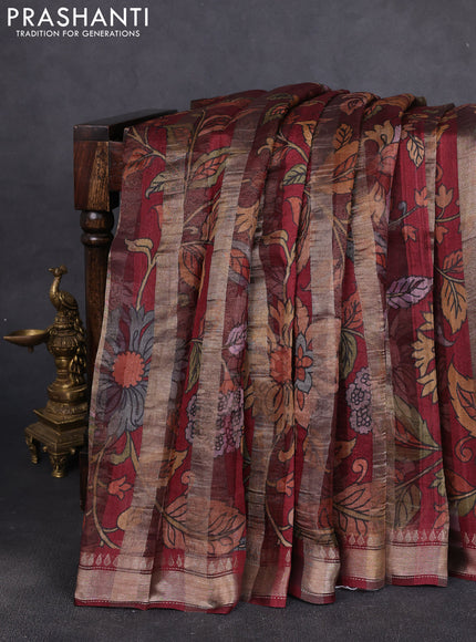 Organza tissue tussar silk saree maroon with allover zari stripe pattern & kalamkari prints and zari woven border