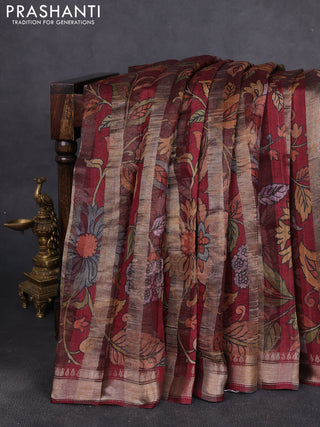 Organza tissue tussar silk saree maroon with allover zari stripe pattern & kalamkari prints and zari woven border