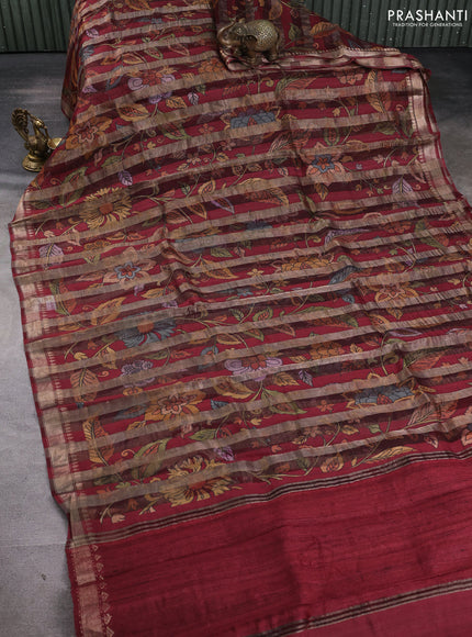 Organza tissue tussar silk saree maroon with allover zari stripe pattern & kalamkari prints and zari woven border