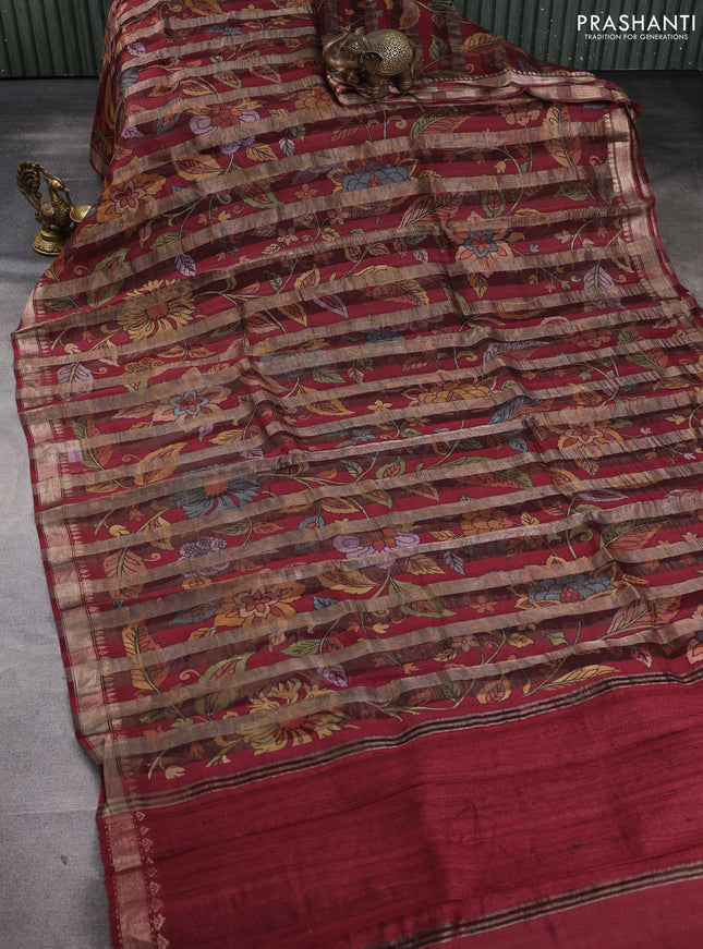 Organza tissue tussar silk saree maroon with allover zari stripe pattern & kalamkari prints and zari woven border