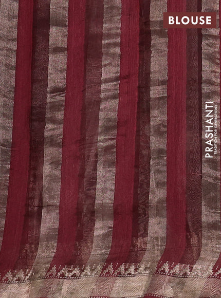 Organza tissue tussar silk saree maroon with allover zari stripe pattern & kalamkari prints and zari woven border