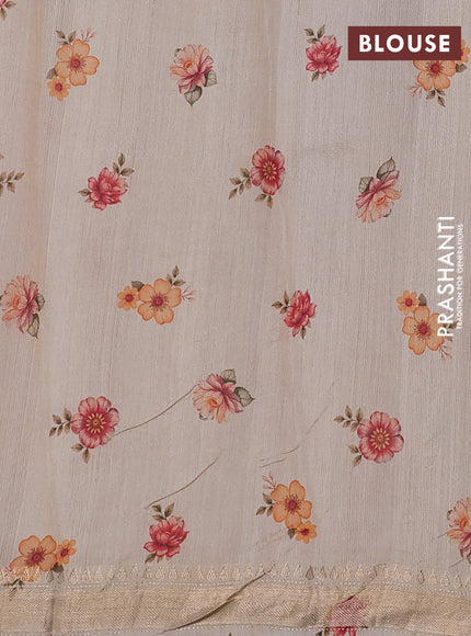 Organza tissue tussar silk saree sandal with allover zari stripe pattern & floral prints and zari woven border