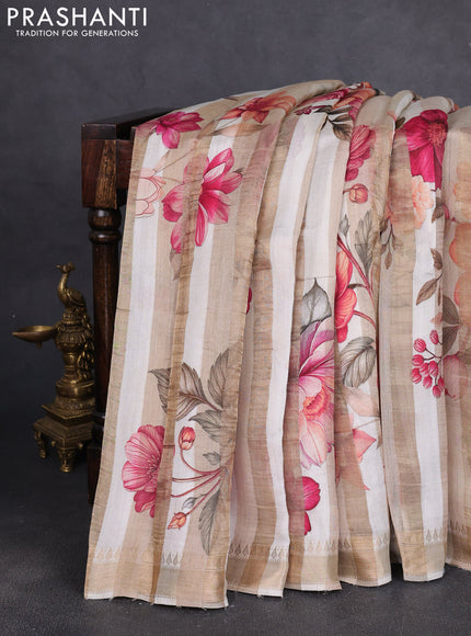 Organza tissue tussar silk saree beige with allover zari stripe pattern & floral prints and zari woven border