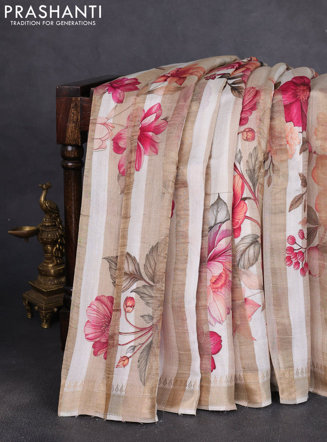 Organza tissue tussar silk saree beige with allover zari stripe pattern & floral prints and zari woven border