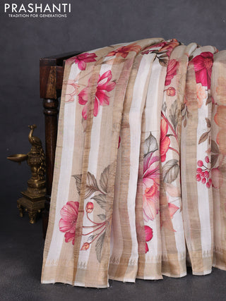 Organza tissue tussar silk saree beige with allover zari stripe pattern & floral prints and zari woven border