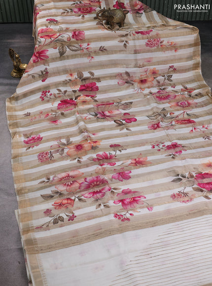 Organza tissue tussar silk saree beige with allover zari stripe pattern & floral prints and zari woven border