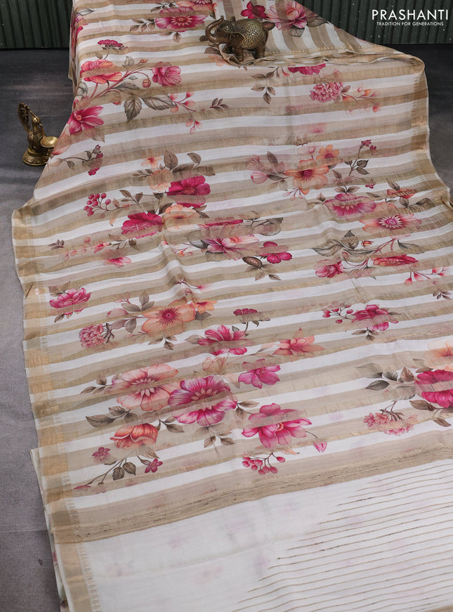 Organza tissue tussar silk saree beige with allover zari stripe pattern & floral prints and zari woven border