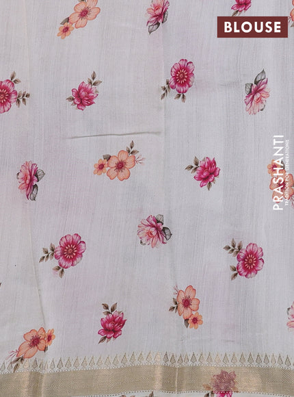 Organza tissue tussar silk saree beige with allover zari stripe pattern & floral prints and zari woven border
