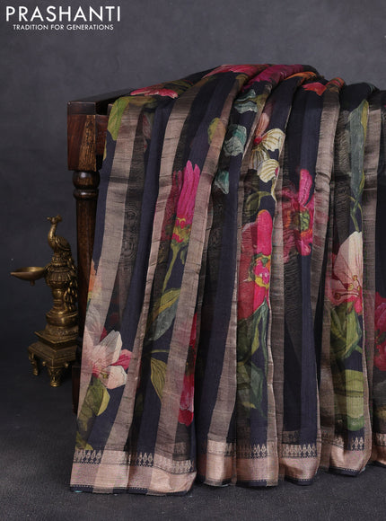 Organza tissue tussar silk saree black with allover zari stripe pattern & floral prints and zari woven border