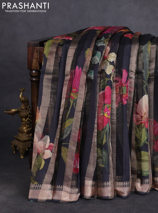 Organza tissue tussar silk saree black with allover zari stripe pattern & floral prints and zari woven border