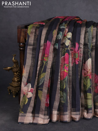 Organza tissue tussar silk saree black with allover zari stripe pattern & floral prints and zari woven border