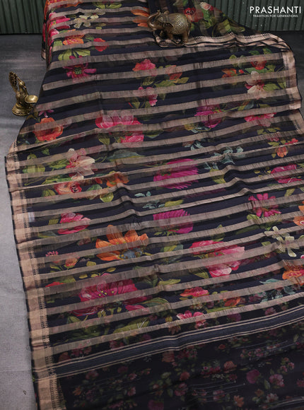 Organza tissue tussar silk saree black with allover zari stripe pattern & floral prints and zari woven border