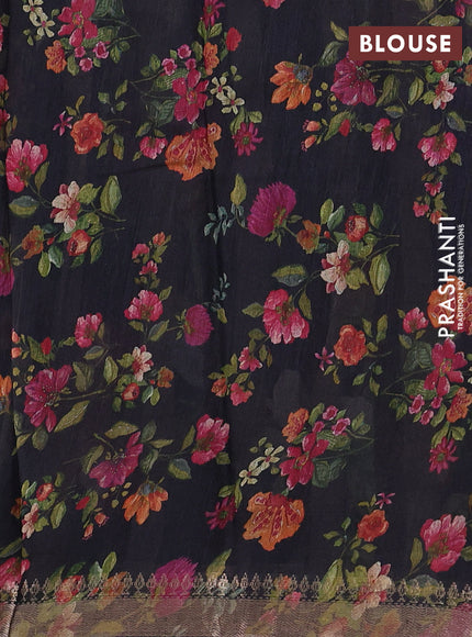 Organza tissue tussar silk saree black with allover zari stripe pattern & floral prints and zari woven border