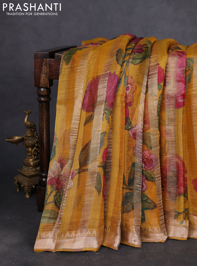 Organza tissue tussar silk saree mustard yellow with allover zari stripe pattern & floral prints and zari woven border