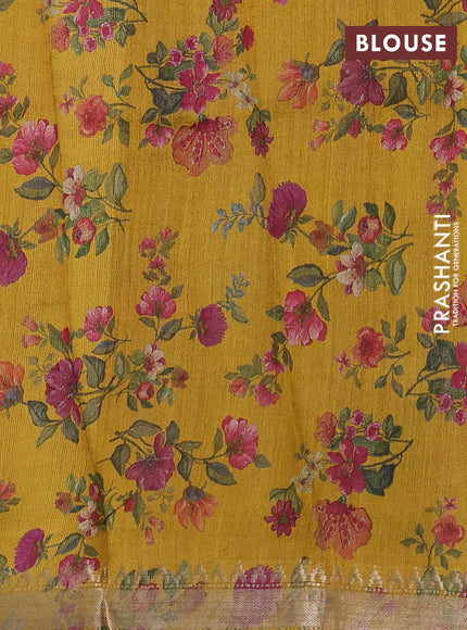 Organza tissue tussar silk saree mustard yellow with allover zari stripe pattern & floral prints and zari woven border