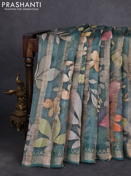 Organza tissue tussar silk saree dark green with allover zari stripe pattern & floral prints and zari woven border
