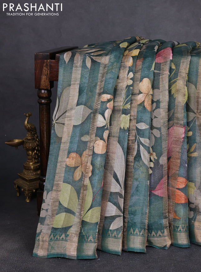 Organza tissue tussar silk saree dark green with allover zari stripe pattern & floral prints and zari woven border