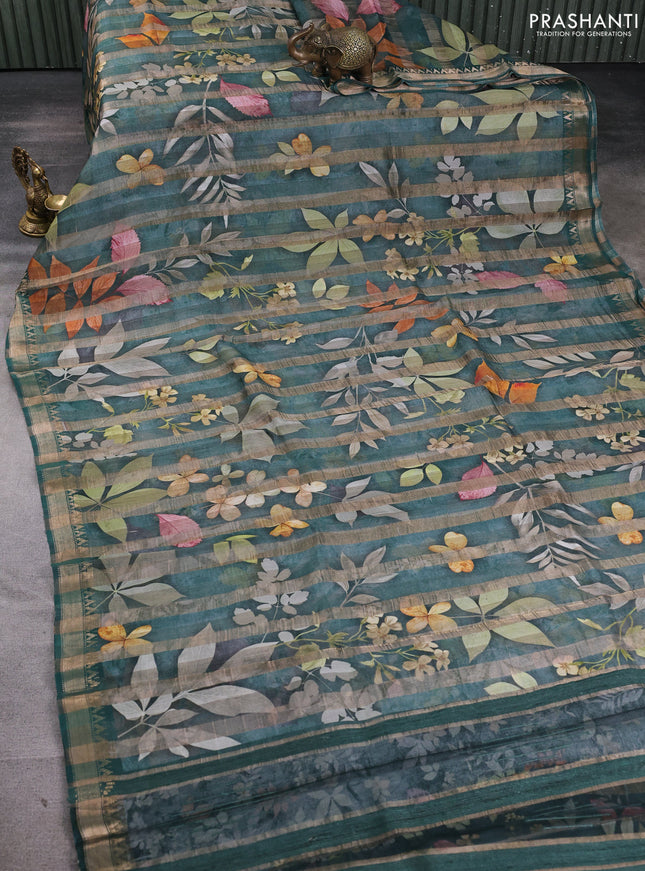 Organza tissue tussar silk saree dark green with allover zari stripe pattern & floral prints and zari woven border