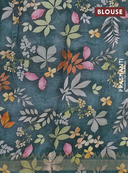 Organza tissue tussar silk saree dark green with allover zari stripe pattern & floral prints and zari woven border