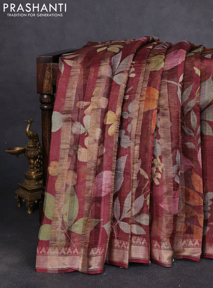 Organza tissue tussar silk saree maroon with allover zari stripe pattern & floral prints and zari woven border