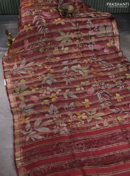 Organza tissue tussar silk saree maroon with allover zari stripe pattern & floral prints and zari woven border