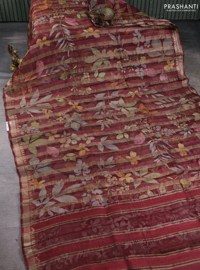Organza tissue tussar silk saree maroon with allover zari stripe pattern & floral prints and zari woven border