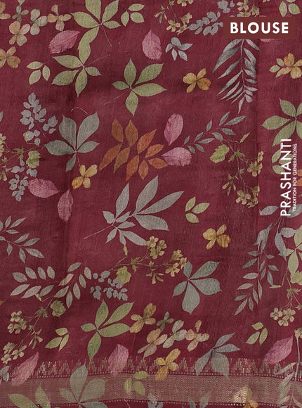 Organza tissue tussar silk saree maroon with allover zari stripe pattern & floral prints and zari woven border