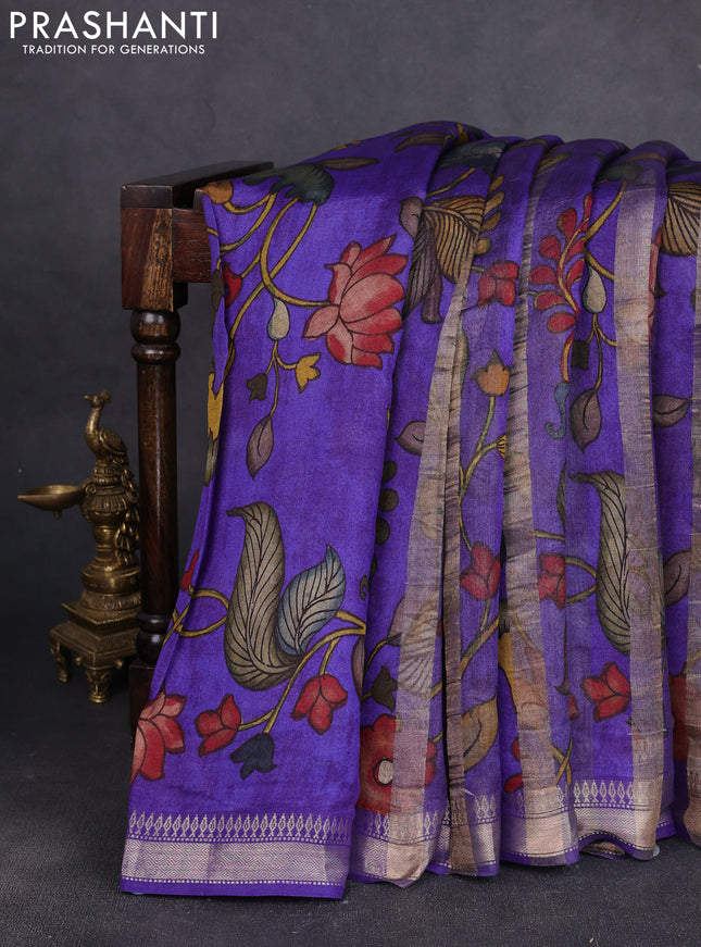 Organza tissue tussar silk saree violet with allover zari stripe pattern & kalamkari prints and zari woven border