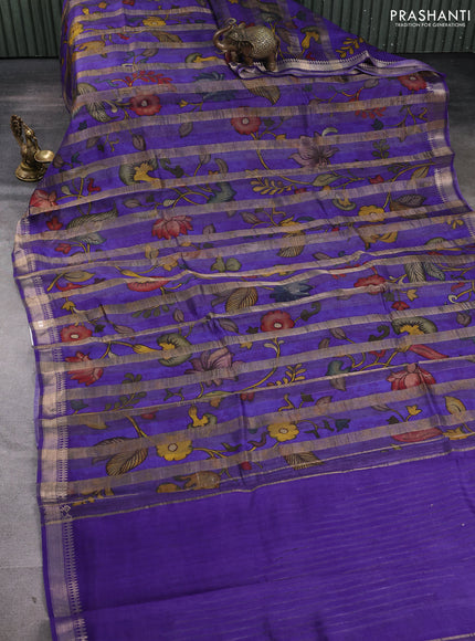 Organza tissue tussar silk saree violet with allover zari stripe pattern & kalamkari prints and zari woven border
