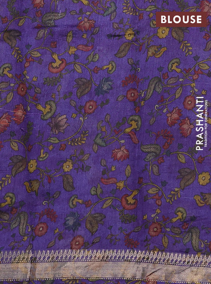 Organza tissue tussar silk saree violet with allover zari stripe pattern & kalamkari prints and zari woven border