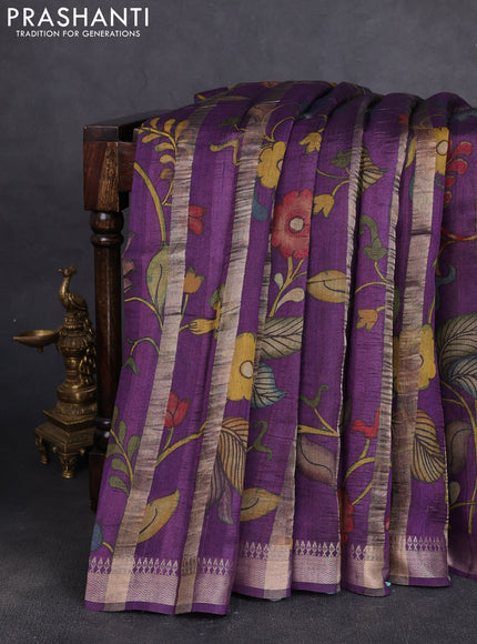 Organza tissue tussar silk saree purple with allover zari stripe pattern & kalamkari prints and zari woven border