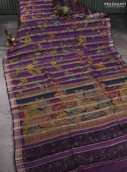 Organza tissue tussar silk saree purple with allover zari stripe pattern & kalamkari prints and zari woven border