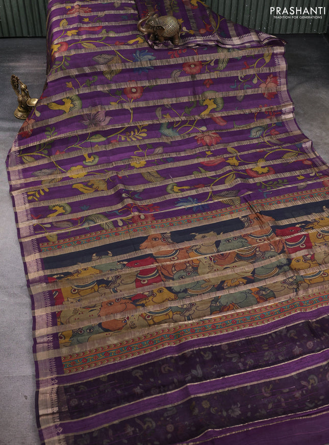 Organza tissue tussar silk saree purple with allover zari stripe pattern & kalamkari prints and zari woven border