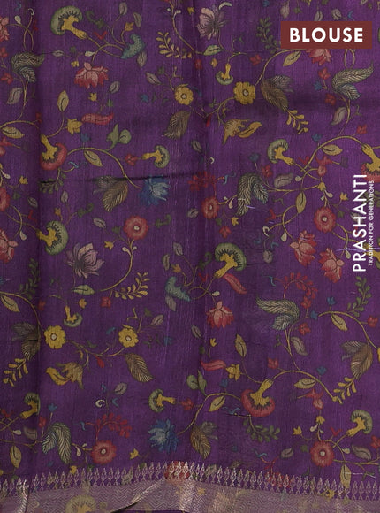 Organza tissue tussar silk saree purple with allover zari stripe pattern & kalamkari prints and zari woven border