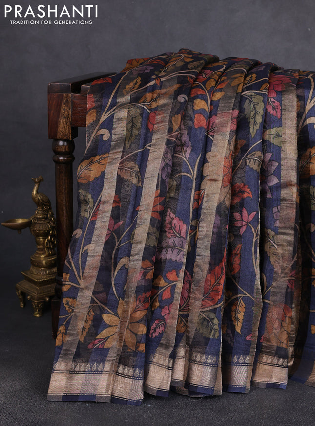 Organza tissue tussar silk saree navy blue with allover zari stripe pattern & kalamkari prints and zari woven border
