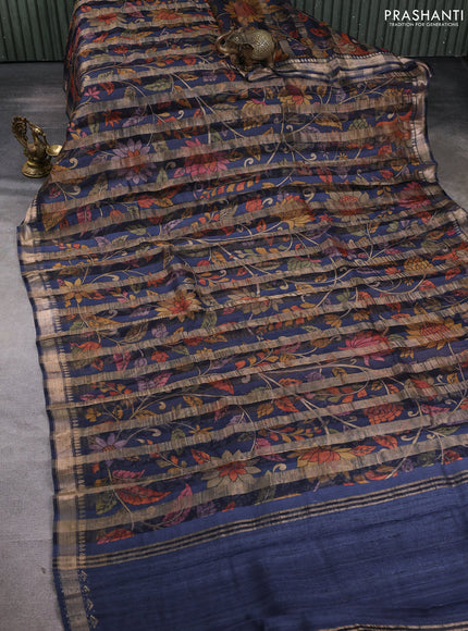 Organza tissue tussar silk saree navy blue with allover zari stripe pattern & kalamkari prints and zari woven border